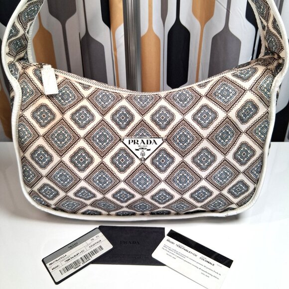 Vintage RARE Prada Hobo Handbag Blue Brown Paisley Nylon Leather Trim Medium - Picture 2 of 16